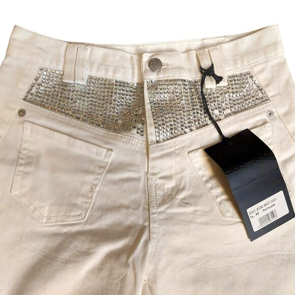 John Richmond RICH Rhinestone Studded Wide Leg White Denim Jeans Sz 42 - Picture 6 of 16